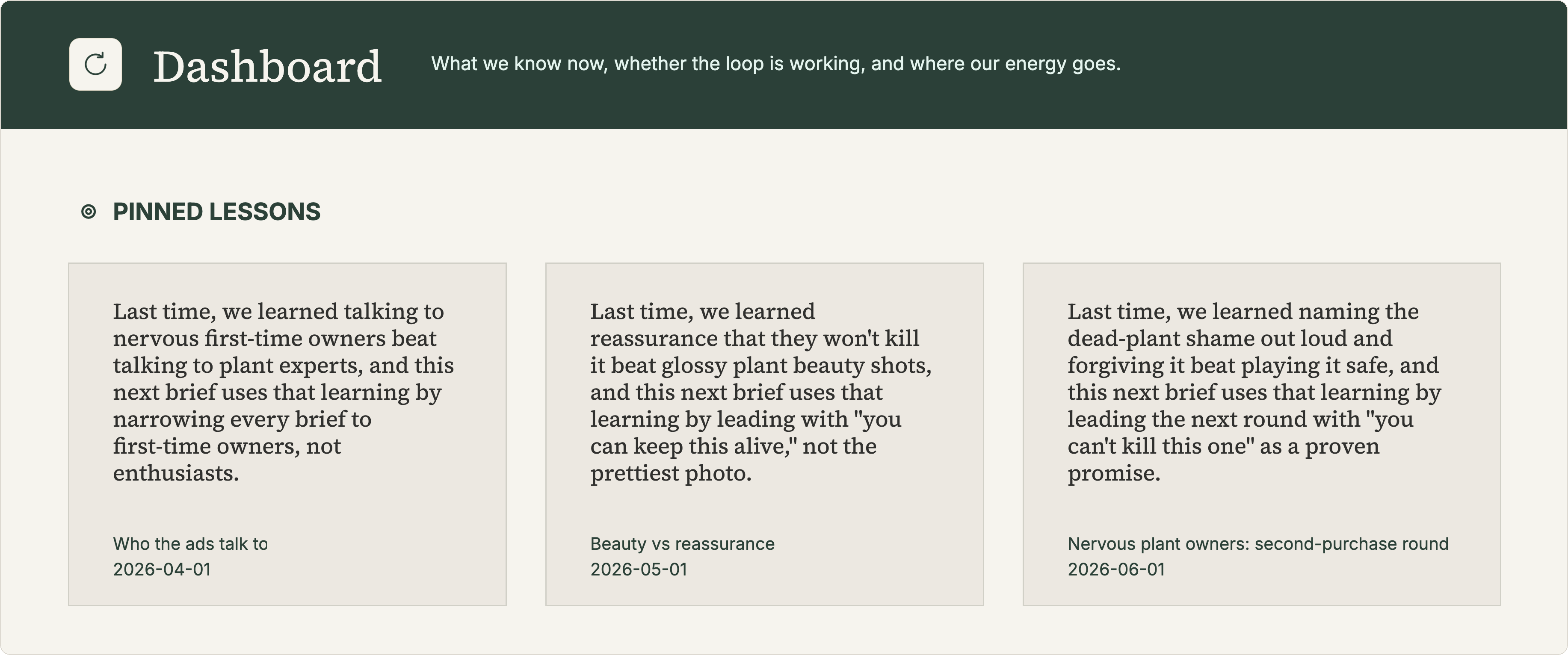 Learning Loop Pinned Lessons dashboard: three lessons carrying forward into the next brief