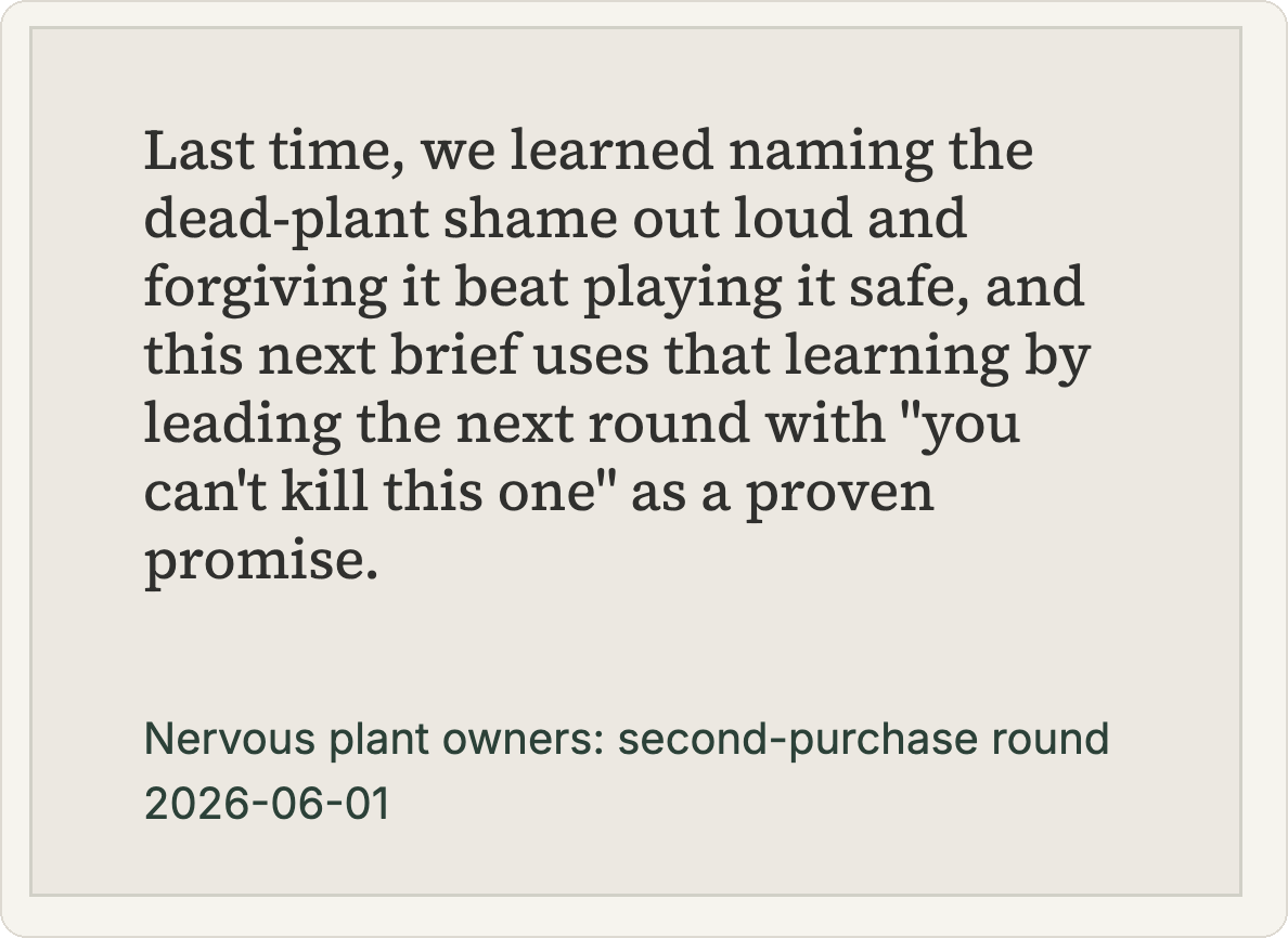 Pinned Lesson: naming the dead-plant shame out loud and forgiving it beat playing it safe